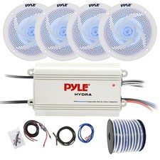 Pyle Marine 4-CH Bluetooth Amplifier w/Kit, 4x 4" 100W Blue LED Speakers, Wire