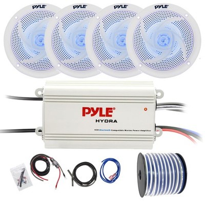 Pyle Marine 4-CH Bluetooth Amplifier w/Kit, 4x 4'' 100W Blue LED Speakers, Wire
