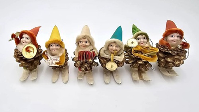 #ad Vintage Japan Pinecone Elf Gnome Musician Ornament set of 6 1950’s Skiing $75.00
