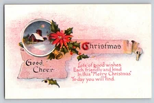 Good Cheer Christmas Filled Holly House Ribbon Postcard