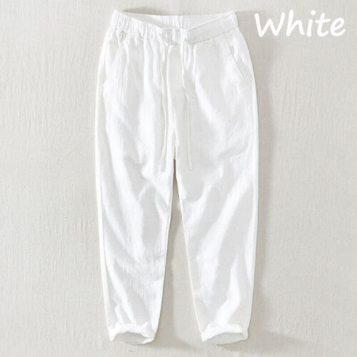 Men Cotton Linen Blend Pants Loose Cropped Casual Trousers Elastic Waist Bottoms - Picture 12 of 22