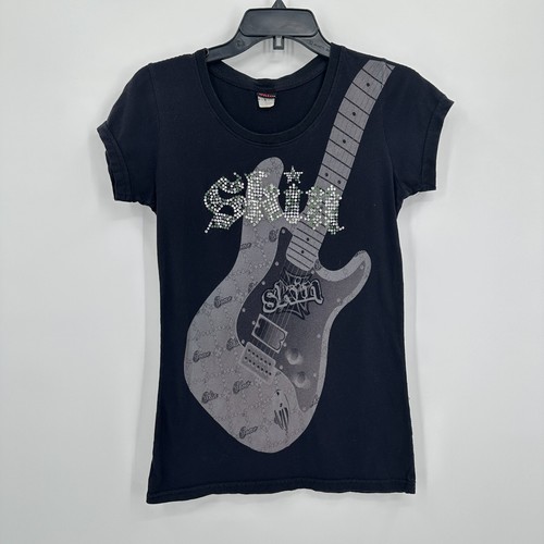 Vintage Skin shirt Womens L Black Guitar Graphic Tee Rhinestone Rock Music USA