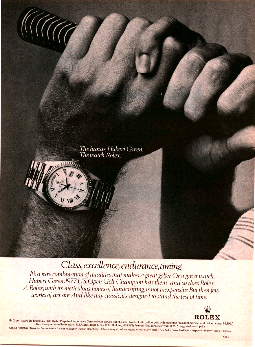 1978 VINTAGE PRINT AD - ROLEX WATCH AD - THE HANDS, HUBERT GREEN