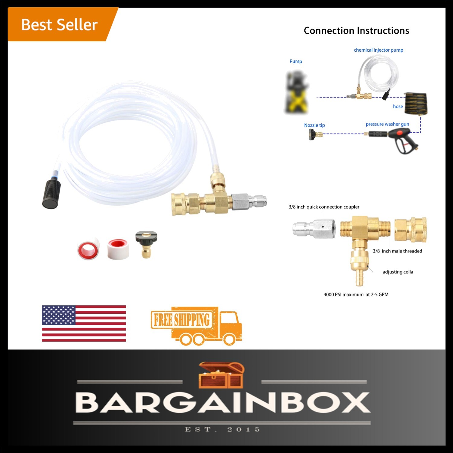 4000 PSI Adjustable Soap Dispenser Kit with 16 Ft Hose for High Pressure Washers
