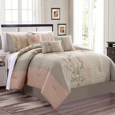 Pink Lt Taupe Floral Embroidery 7 pc Comforter Set Twin Full Queen Cal King Bed