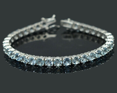 925 Solid Sterling Silver Natural Aquamarine Gemstone Tennis Bracelet  Jewelry