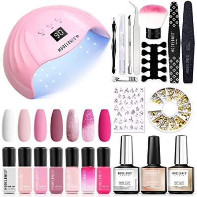 Gel Nagellack Kit mit 48W LED Licht, 7 Farben weiß rosa Glitzer