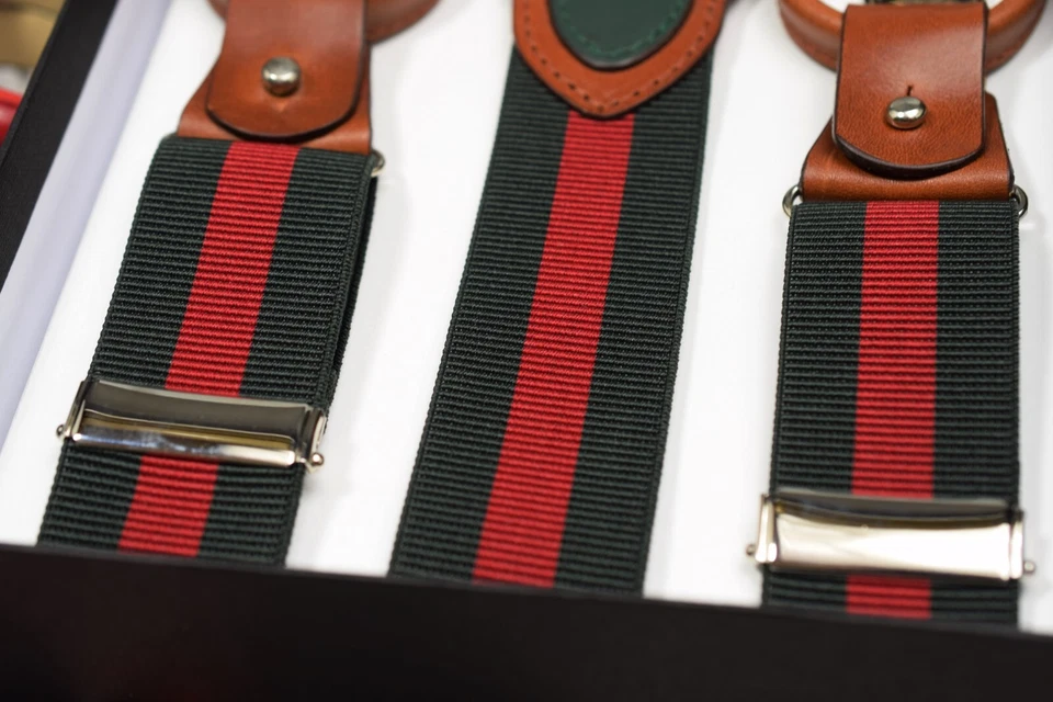 SUSPENSORES HOMBRE ROJO VERDE OSCURO ELÁSTICO CUERO GENUINO CLIP DE BODA Y BOTÓN T 26 Foto 4 de 4