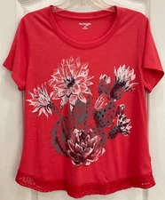 Kim Rogers Womens T-Shirt Style Top Size PM Orange Floral Open Weave Hem 201