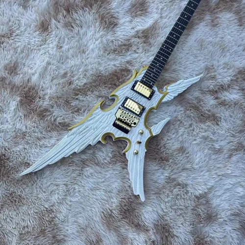 Gravierte Angel Wings 6-saitige geteilte E-Gitarre, weißer Körper mit goldener Felge - Bild 2 von 12