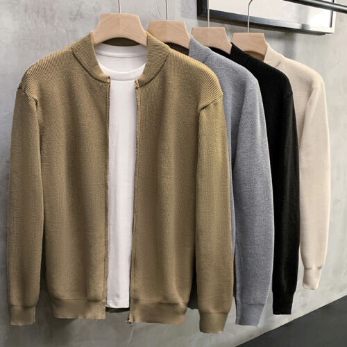 Mens Cardigan Knitted Shirt Top Solid Sweater Coat Knitwear Double Zip Casual