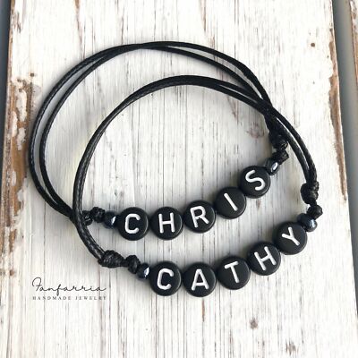 Personalized Couple Bracelets Black Bead Letters
