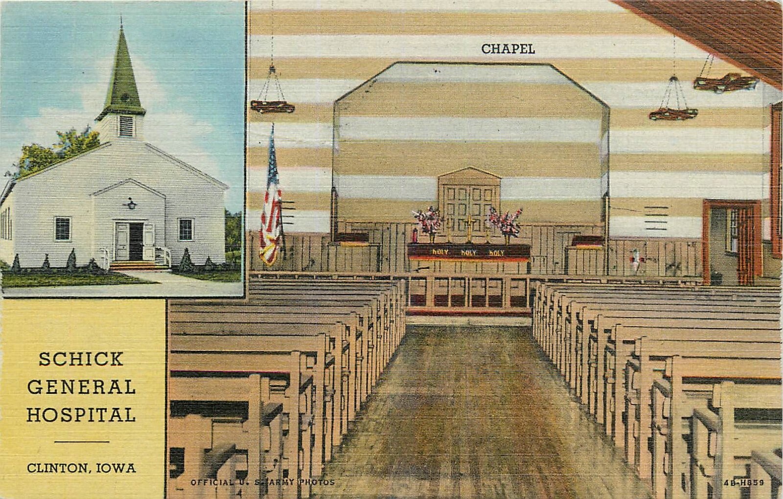 1947 Clinton Iowa Schick General Hospital Chapel Teich Postcard 25-5790