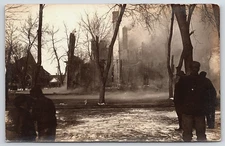 Antique Vintage Photo Postcard Picture Fire Burned Town Buildings People RPPC