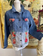 DG2 Diane Gilman Ombre Midtone Embroidered Flowers Novelty Denim Jacket 1X New
