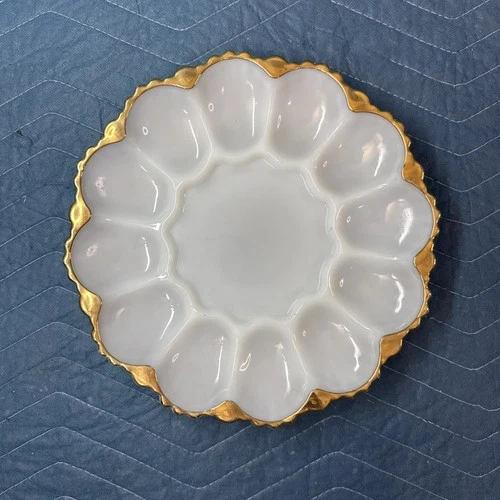 Vintage Fire King Anchor Hocking Milk Glass Deviled Egg Plate Gold