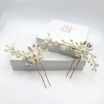 Ceramic Flower Gold Hairpin, Clay Floral Wedding Wire Hair Pin for Brides