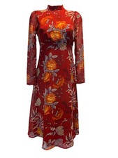 ASOS Red Floral Long Sleeve Dress Size UK 8 Cut Out Back High Neck