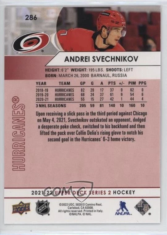 2021-22 Upper Deck Series 2 UD Exclusives /100 Andrei Svechnikov #286 - Image 2 of 2
