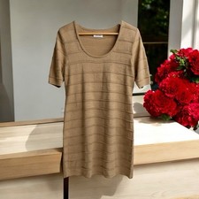 Calvin Klein Sweater Dress Tan Ribbed Knit Size Large Short Sleeve EUC