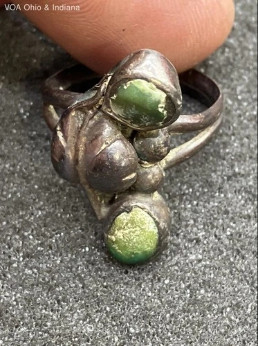 Vintage Brutalist Sterling Silver Green Stone Abstract Ring Size 7 Tested 4.7g