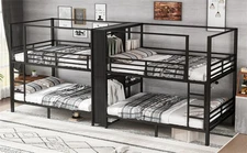 Full Size Quadruple Metal Bunk Bed with Built-in Storage Shelves &Open Wardrobe