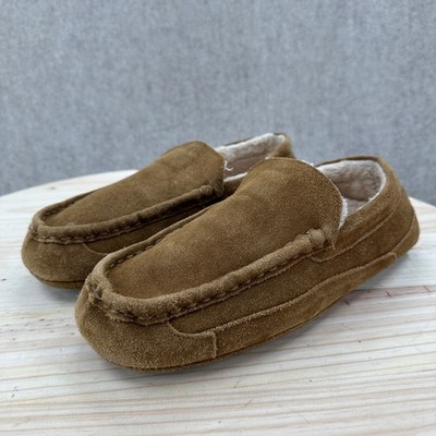 Eddie Bauer Brown Suede Moccasin Slippers Shearling Lined 