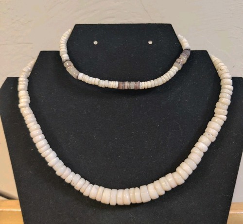 Vintage Hawaiian Puka Shell Necklace Choker 17” & 9" Bracelet Boho Surfer - Picture 1 of 7