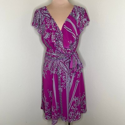 Vtg Esprit Dress 8 Womens Magenta Purple Paisley Tie Waist Flutter V-Neck Y2K 
