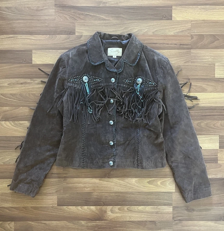 Chaqueta de Gamuza Marrón Vintage Scully Western con Flecos y Botones de Concho de Metal Foto 2 de 4