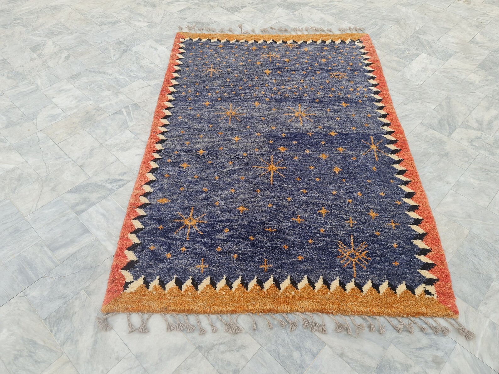 Hand Knotted Orange Moroccan Wool Rug: Tribal Diamond Berber Carpet