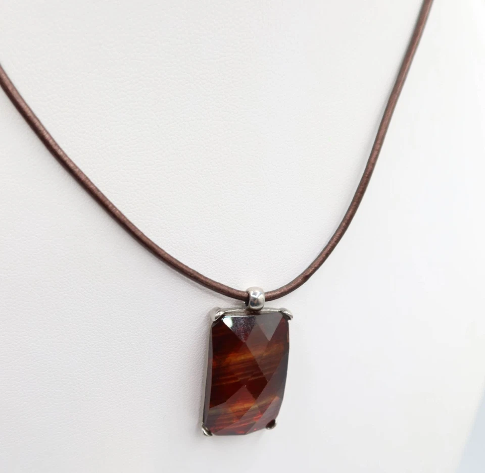 CHICO'S Collar Cordón Colgante Rectángulo Facetado Tono Plata Marrón Boho Foto 2 de 4