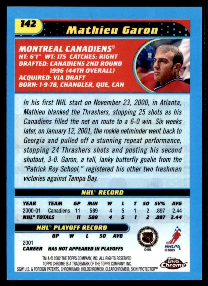 2001-02 Topps Chrome Mathieu Garon Montreal Canadiens #142 - Image 2 of 2