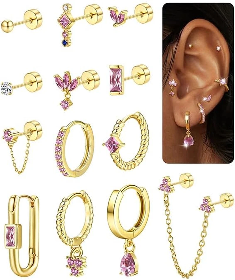 Orecchini Zirconi Colorati Set 5 Paia Orecchini A Perno Acciaio Inox Con Zirconi Colorati - 3mm-7mm, Donna/Uomo Orecchino Uomo