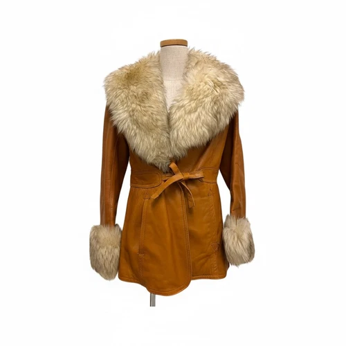 LESUEDE Real Leather Jacket Fur Collar Cuffs Belted Brown Size S - product listing photo