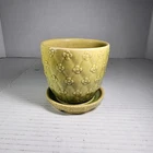 Vintage Shawnee Flower Pot W/Attached Saucer ~ Green Quilted Daisy ~ USA 454 EUC