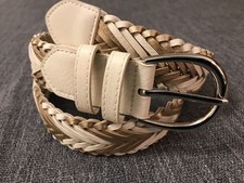 Braided Woven Belt Cream Metallic Gold w Silvertone Buckle 41  Long - 1.5  Wide