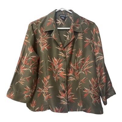 Notations 100%silk Green Button Up Blouse 4/4 Sleeve Shirt