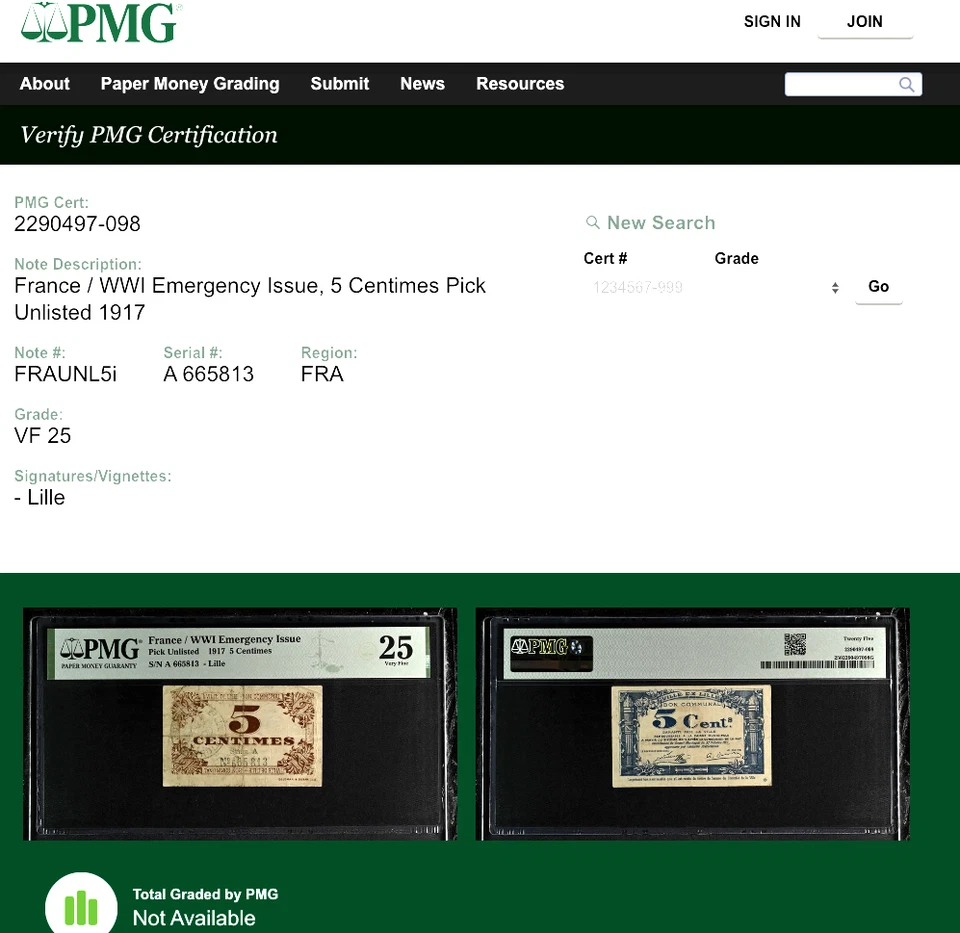 Франция 5 сантимов 1917 TOP POP «Unlisted» WW1 чрезвычайный выпуск PMG 25 VF - Изображение 3 из 4