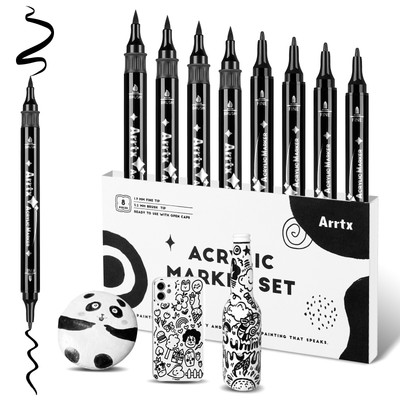 Arrtx Acrylic Paint Pens 8pcs Double Tip Black Paint Markers for Painting Black
