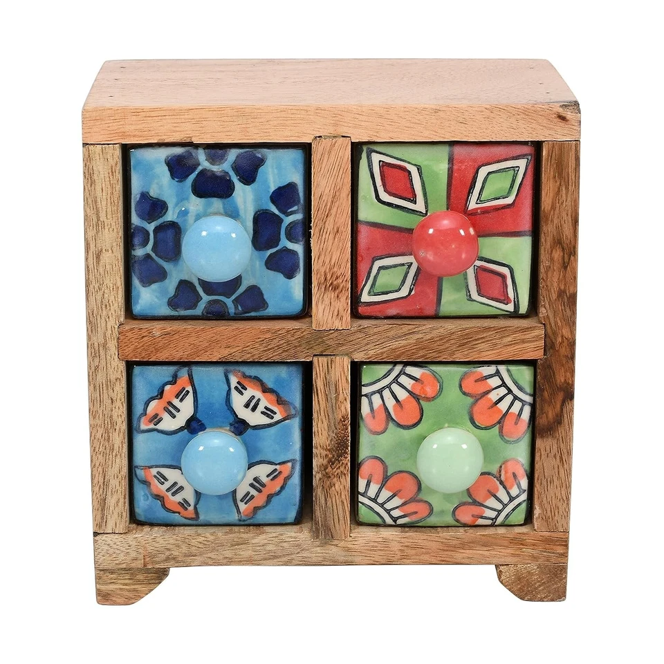 Caja de madera artesanal con cajones de cerámica para sobremesa artículo decorativo Foto 2 de 4