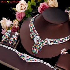 Boho Silver Plated Multicolor CZ Necklace Earrings Bracelet 4pc Prom Jewelry Set