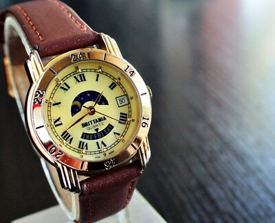VINTAGE BRITTANIA DAY DATE ELEGANT MOON PHASE QUARTZ WOMEN