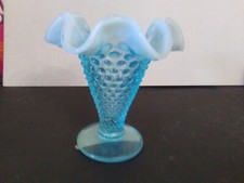 VTG Fenton Aqua Blue Opalescent Hobnail Double Crimped Footed 5.5" Trumpet Vase