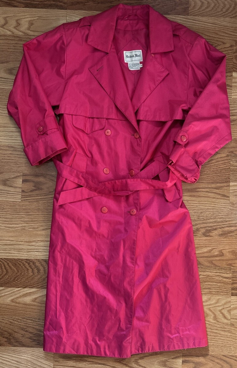 Women's Vintage British Mist Rain Trench Coat Magenta Pink Size 12
