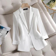 Lady Glitter Suit Jacket Dress Lapel One Button Rhinestone Blazer Jacket Office