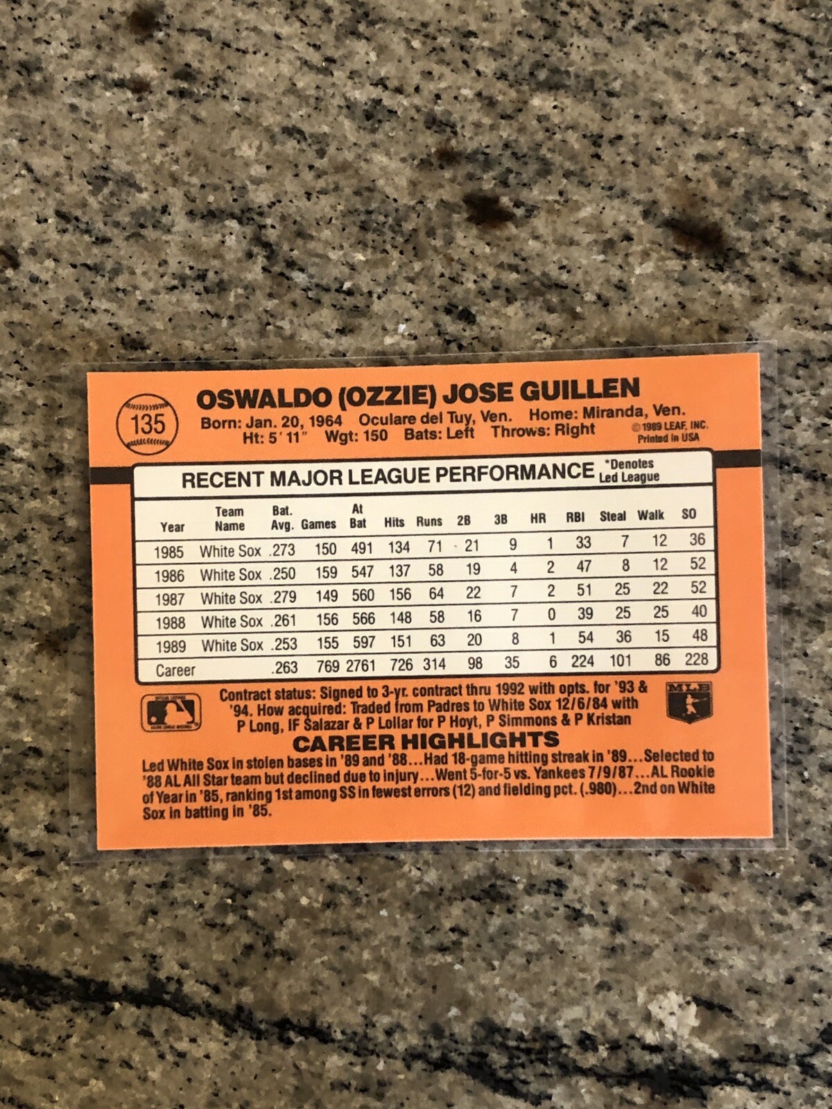 1990 Donruss Baseball Error Card Ozzie Guillen 135 White Sox