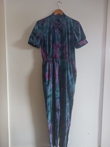 Vintage Batik Jumpsuit Romper Handmade And Awesome Purple Leaf Print Medium
