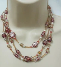 Tri Strand Vintage Glass bead Pearl necklace Custom made hand painted copper acc