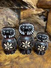 Image of Carved Wooden Set of 3 Lovely OWL Coloured Figure 14/ 12 / 10 cms Home Decor